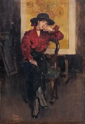 Een elegante dame poseert voor de zonnebloemen van Vincent van Gogh