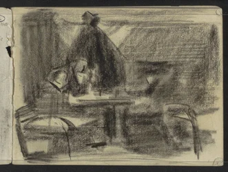 Figuren aan een tafel in een interieur