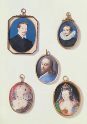 Miniaturen. van L naar R, T naar B: Sir Arundel Talbot; Onbekende Man; Hoofd van Christus; Anne van Denemarken (1574-1619); Dame in Maskerade Kostuum