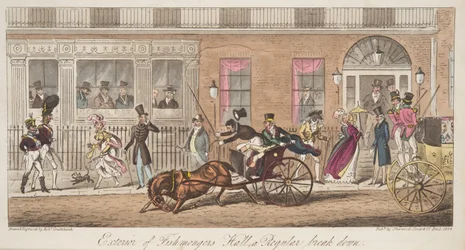Exterieur van Fishmongers Hall, St James Street, met een uitzicht op een regelmatige instorting, uit The English Spy, uitgegeven 1824