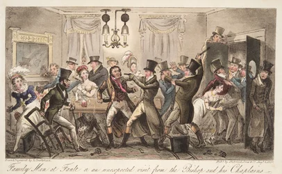 Familie mannen in de fout, of een onverwacht bezoek van de bisschop en zijn kapelaans, uit The English Spy, uitgegeven 1824
