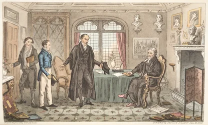 Eerste buiging naar Alma Mater, of Bernard Blackmantles introductie aan de grote pruik, uit The English Spy, gepubliceerd Londen, 1824