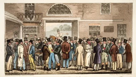 Maandag na de Grote St Leger, of Helden van de Turf die betalen en ontvangen bij Tattersalls, uit The English Spy, uitgegeven 1824