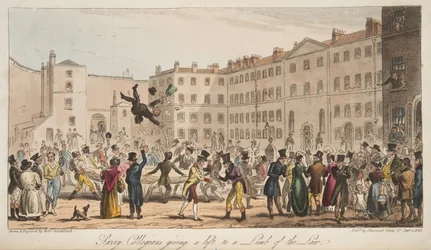 Surrey Collegians geven een lift aan een lid van de wet, uit The English Spy, uitgegeven Londen, 1824