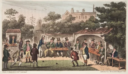 De Bowlingbaan, Worcester, of Karakters van de Hand en Handschoen Club, uit The English Spy, gepubliceerd Londen, 1824