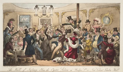 De hal van schande, alias oestersalon in Brydges-Street, of New Covent Garden Hell, uit The English Spy, uitgegeven 1824