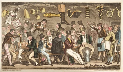 Het museum van de Oppidans, of Eton Court of Claims bij de Christopher, uit The English Spy, gepubliceerd Londen, 1824