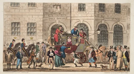Het Postkantoor Bristol, Aankomst van de London Mail, uit The English Spy, gepubliceerd Londen, 1824