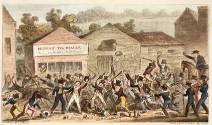 Thee Pot Row in Harrow, of de slag bij Hog Lane, uit The English Spy, uitgegeven 1824