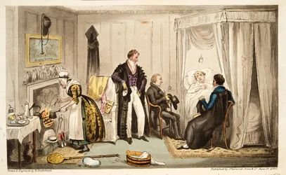 Tom Echo met de Headington-koorts of een Oxoniaan heel dicht bij de muur, uit The English Spy, gepubliceerd Londen, 1824