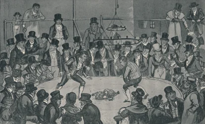 In de koninklijke hanenkamparena, 1821, 1920. Kunstenaars: Isaac Robert Cruikshank, George Cruikshank.