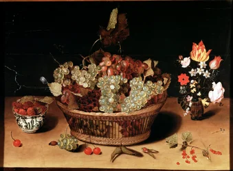 Stilleven met bloemen en fruit