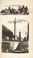 Plattelandsmensen op een postkoets, het Monument en Pie Corner