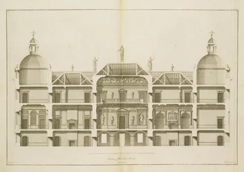Houghton Hall: sectie van de Oostelijke Voorgevel, gegraveerd door Pierre Fourdrinier, 1735