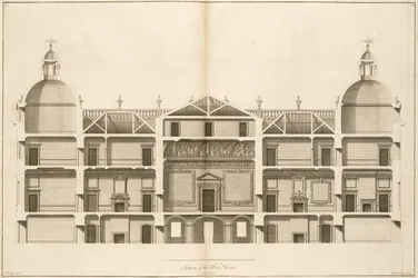 Houghton Hall: sectie van de westelijke gevel, gegraveerd door Pierre Fourdrinier, 1735