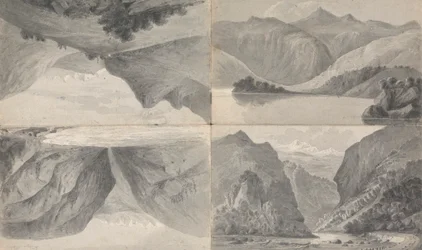 1) (ll) Meer bij Davos, 2) (lr) Ingang van de Pas naar Segnes, 3) (ur) Wiesen
