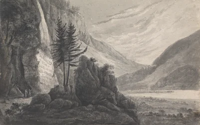 Bergachtig landschap met inscriptie voor Salomon Gessner (Zwitserland)