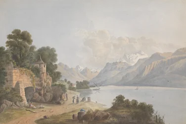 Bergachtig landschap met meer, poort en figuren
