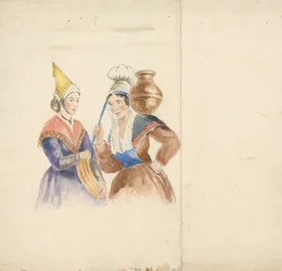 Twee vrouwen in kleurrijke kostuums