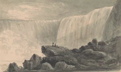Uitzicht op de Niagara-watervallen met twee figuren zittend op een rots in het midden op de voorgrond
