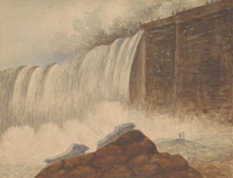 Uitzicht op de Niagara Falls met Twee Figuren op Rots in de Rechter Voorgrond