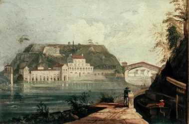 Fairmount Waterworks, naar een gravure van W. H. Bartlett ca. 1835