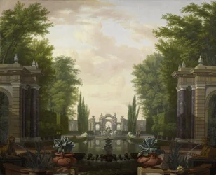 Waterterras met beelden en fonteinen in een park
