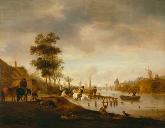 Rivierlandschap met zwemmers