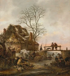 Winterlandschap met een huisje bij een brug