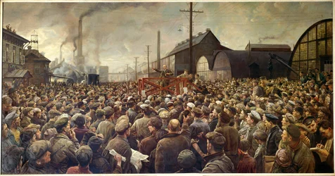Russische Revolutie van 1917: Lenin spreekt tot de arbeiders van de Putilov-fabriek in Petrograd