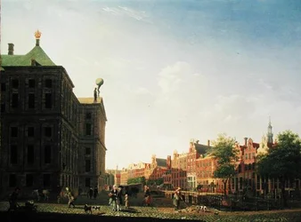 Een Uitzicht langs de Nieuwezijds Voorburgwal in Amsterdam met zicht op de achterkant van het Koninklijk Paleis, 1782