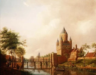 Een uitzicht op de Kleine Houtpoort in Haarlem met de Grote Houtpoort op de achtergrond