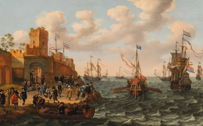 Een Nederlandse driemaster en een pauselijke galei met andere schepen langs de kust van een versterkte stad, ca. 1662