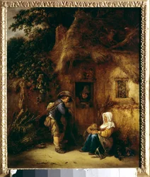 Gesprek voor een boerenhuis. Schilderij door Isaac Van Ostade (1621-1649)