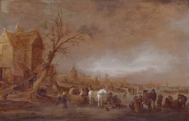 Winterlandschap met figuren op een bevroren rivier voor een ommuurde stad