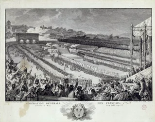 Franse Revolutie: uitzicht op het feest van de Algemene Federatie van Franse Departementen op de Champs de Mars in Parijs op 14/07/1791