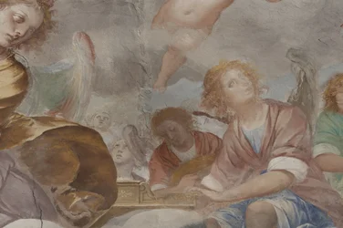 Engelen, muzikale engelen en putti, detail van Paradijs met eeuwige Vader (detail)