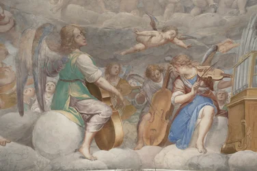 Engelen, muzikale engelen en putti, detail van Paradijs met eeuwige Vader (detail)