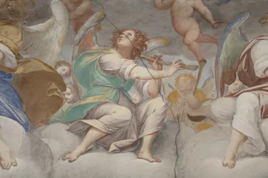 Engelen, muzikale engelen en putti, detail van Paradijs met eeuwige Vader (detail)