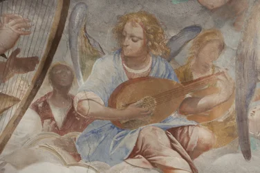 Engelen, muzikale engelen en putti, detail van Paradijs met eeuwige Vader (detail)