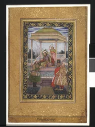 Keizer Jahangir in paviljoen met bedienden