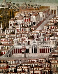 Islamitische kunst: Zicht op Damascus met de Grote Moskee van de Omajjaden van Damascus. Anonieme Syrische schildering van de 17e eeuw. Syrië, Damascus, Azempaleis