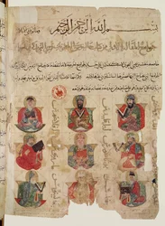 Pythagoras (c.570-480 v.Chr.) (in het midden) onderwijst 8 andere artsen waaronder Galenus (c.131-201) (linksonder) en Andromachus (rechtsonder), illustratie uit een Arabische vertaling van De materia medica