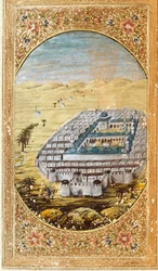 Zicht op Mekka (La Mekke), plaats van de moslimbedevaart, en de vlaktes van de berg Arafat (Arafah), Saoedi-Arabië. Pagina uit een editie van de Koran