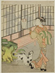 Courtisane die terugkijkt naar schaduwen op de shōji