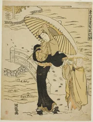 Avondsneeuw in Ikenohata (Ikenohata bosetsu), uit de serie "Acht uitzichten van welvaart in het oostelijke dorp (Azuma no sato eiga hakkei)"