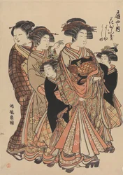 De courtisanes Hanaofuki, Yoshiya en Yoshino uit het bordeel Ōgiya