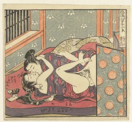 Liefdespaar achter kamerscherm. Twaalf gezichten op het verfijnde Edo (serietitel). Furyu Edo junikei (serietitel op het object)