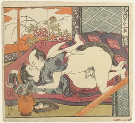 Liefdespaar bij een theeservies. Twaalf gezichten op het verfijnde Edo (serietitel). Furyu Edo junikei (serietitel op het object)