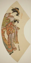 De Courtisane Hanaogi van de Ogiya en haar bediende, uit de serie "Waaier van het Oosten (Azuma ogi)"
